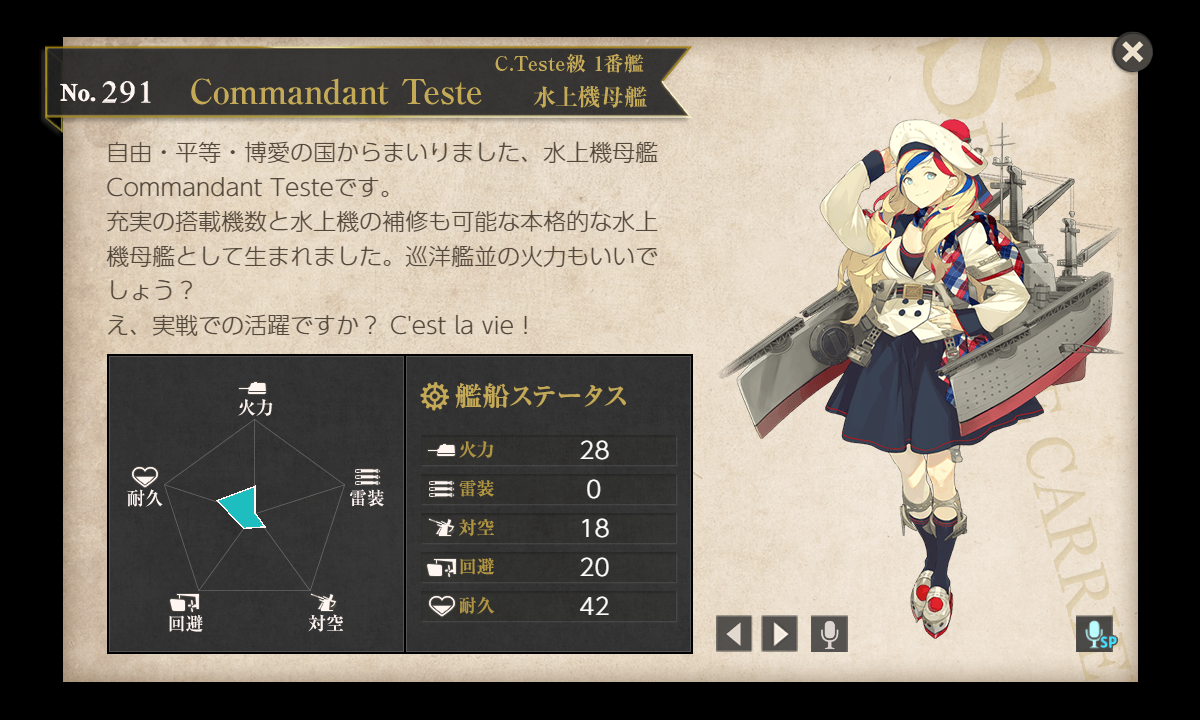 艦これ アズレン見比べ図鑑 C Teste級 1番艦 水上機母艦 Commandant Teste コマンダン テスト 創られた庭